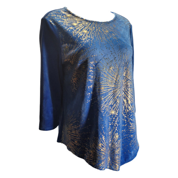 Ruby Road Blue Velour Metallic Gold Top Women's Petite Large Velvet Unique - Picture 7 of 8